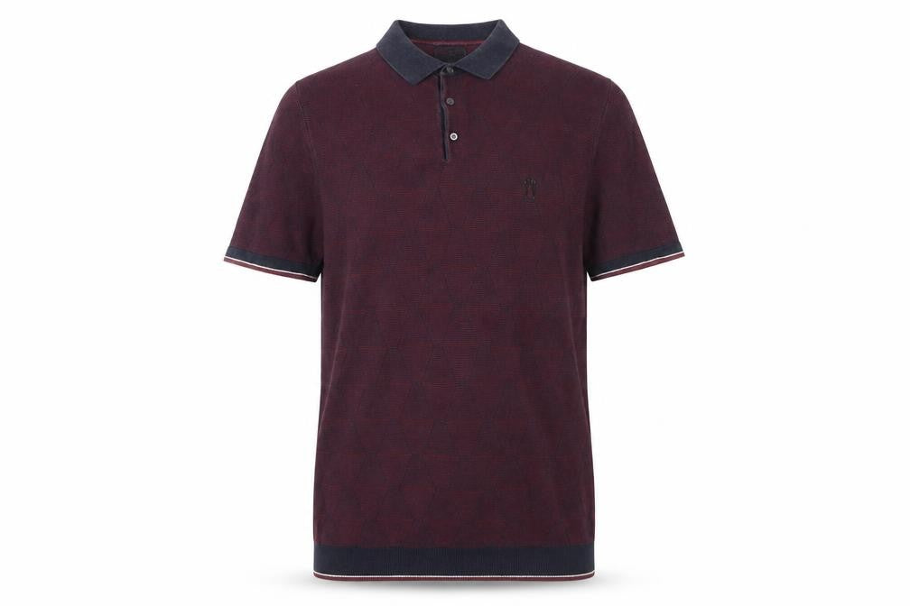 Front view of Next Men’s Red Geometric Knit Polo Shirt, size M, Short Sleeve