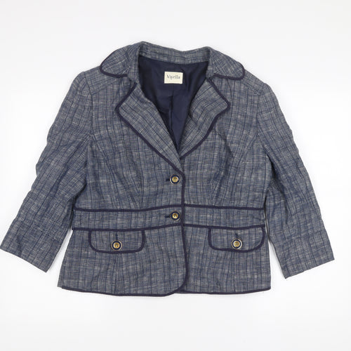 Viyella Womens Blue Linen Blazer Jacket Size 14 Check Buttoned