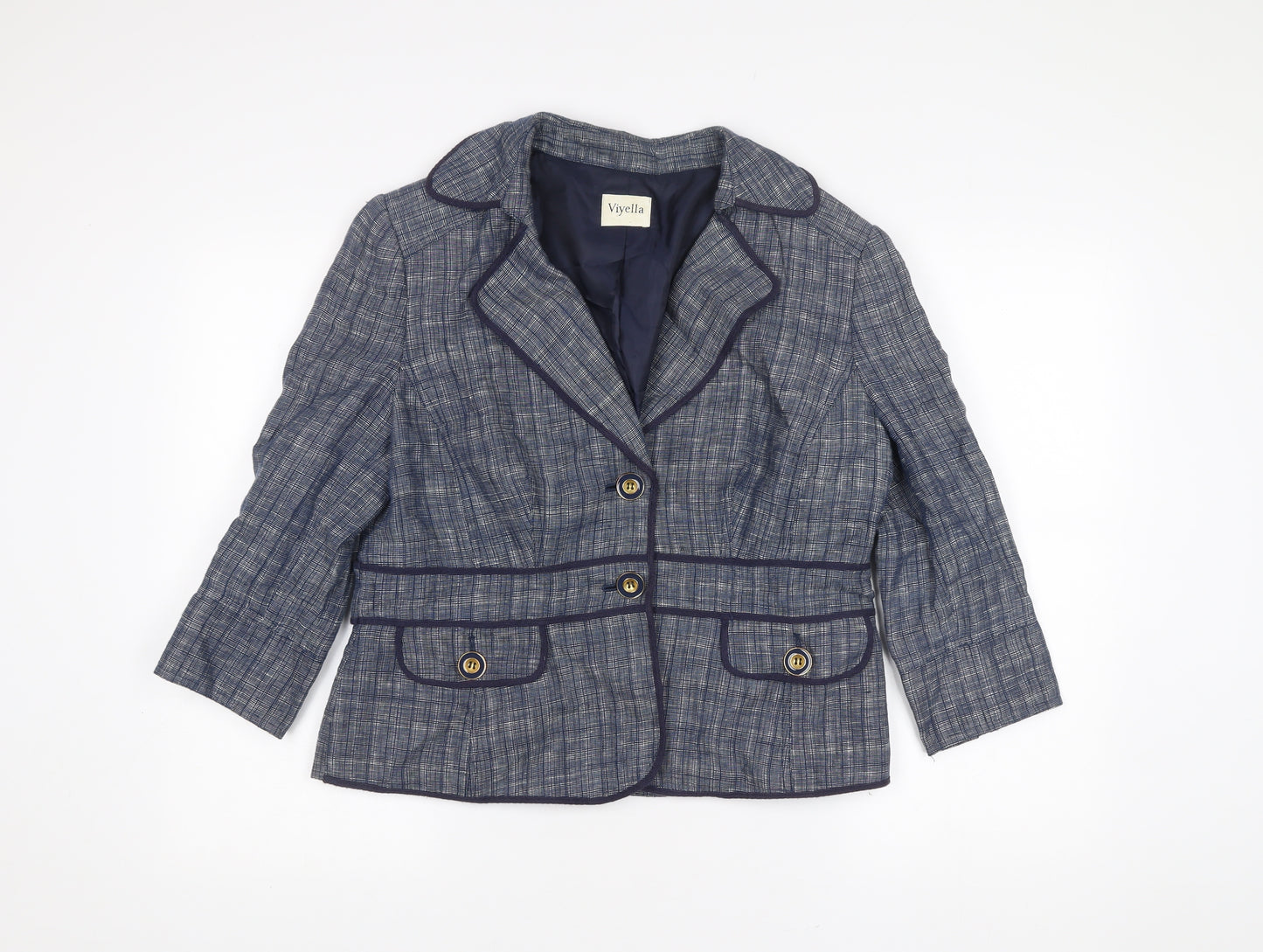 Viyella Womens Blue Linen Blazer Jacket Size 14 Check Buttoned