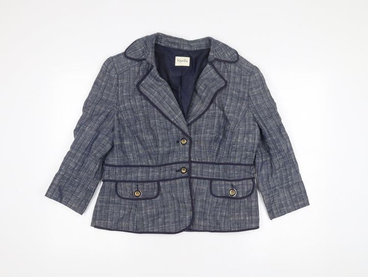 Viyella Womens Blue Linen Blazer Jacket Size 14 Check Buttoned