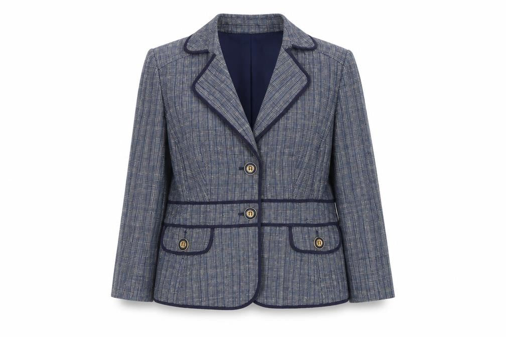Front view of Viyella women’s blue linen blazer jacket, size UK 14, check buttoned