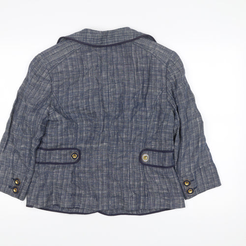 Viyella Womens Blue Linen Blazer Jacket Size 14 Check Buttoned