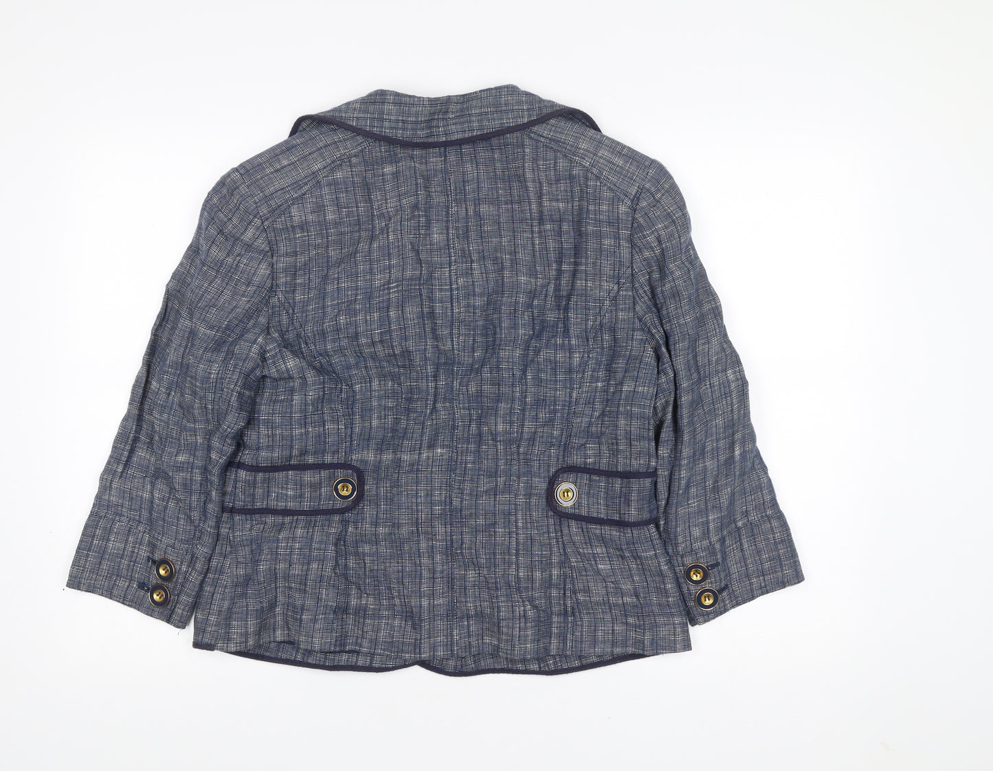 Viyella Womens Blue Linen Blazer Jacket Size 14 Check Buttoned