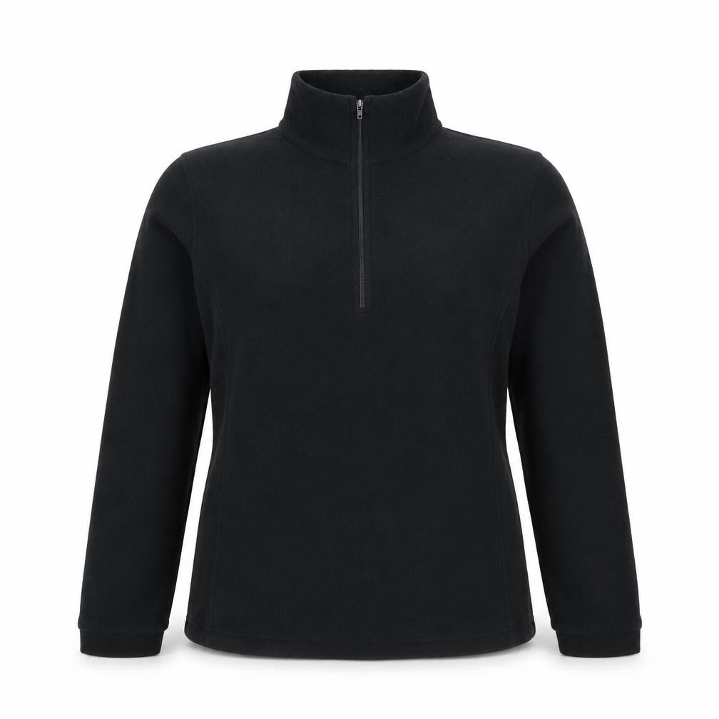 Front view of Dynamic women’s black fleece pullover sweatshirt, size L, 1/4 zip warm