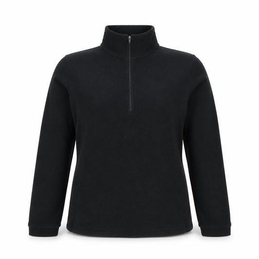 Front view of Dynamic women’s black fleece pullover sweatshirt, size L, 1/4 zip warm