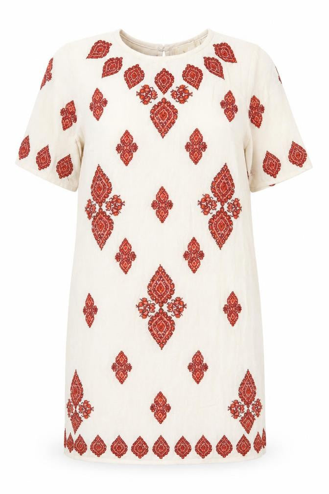 Front view of Michael Kors Women Ivory Embroidered Cotton Shift Dress, size 2