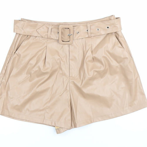 PrettyLittleThing Women’s Beige Faux Leather Paperbag Shorts UK 10