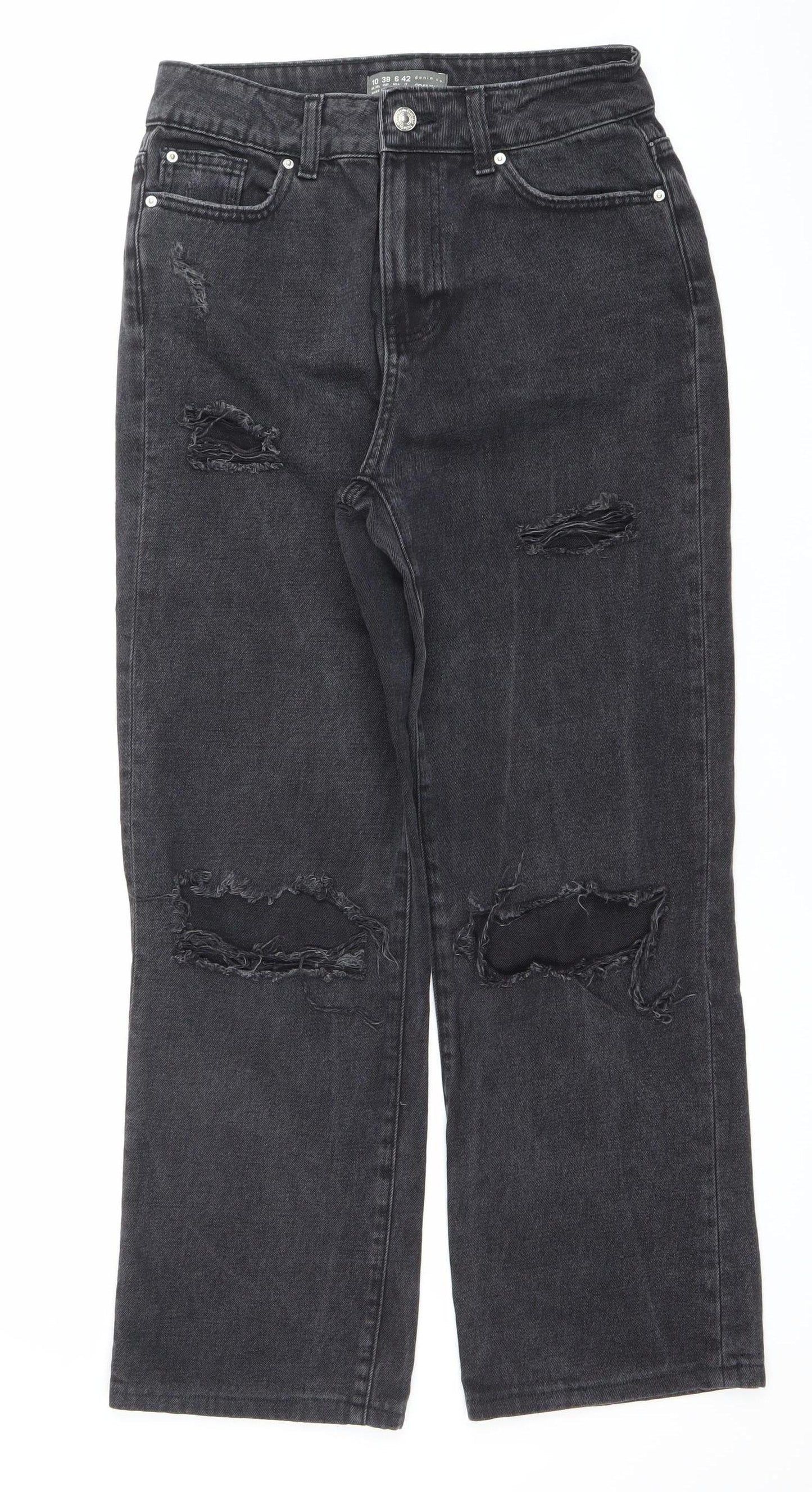Primark Women Black Distressed Straight Jeans Size 10 Regular