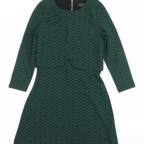Topshop Women’s Green Geometric A-Line Zip Dress Size 6