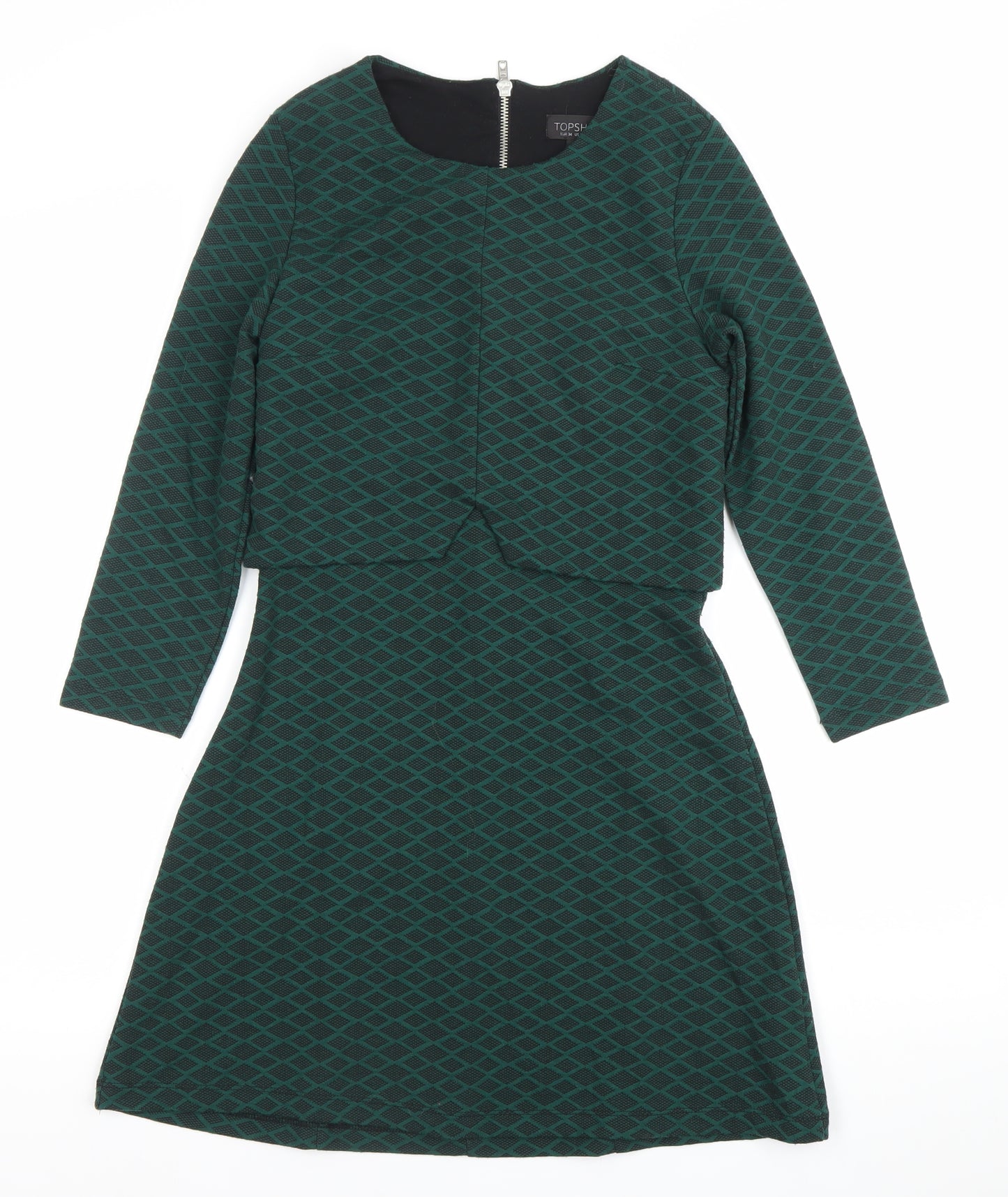 Topshop Women’s Green Geometric A-Line Zip Dress Size 6