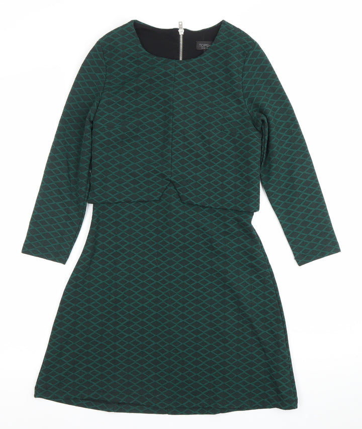 Topshop Women’s Green Geometric A-Line Zip Dress Size 6