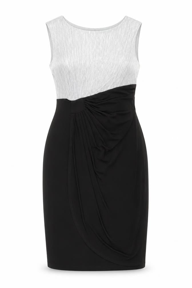 Front view of Enfocus Studio women’s black silver sheath dress, size UK 8, cocktail formal