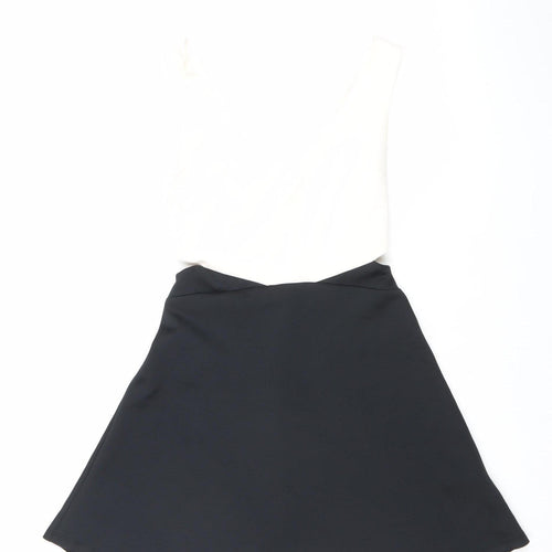 Bershka Women’s Black White A-Line Colourblock Dress Size 8 V-Neck