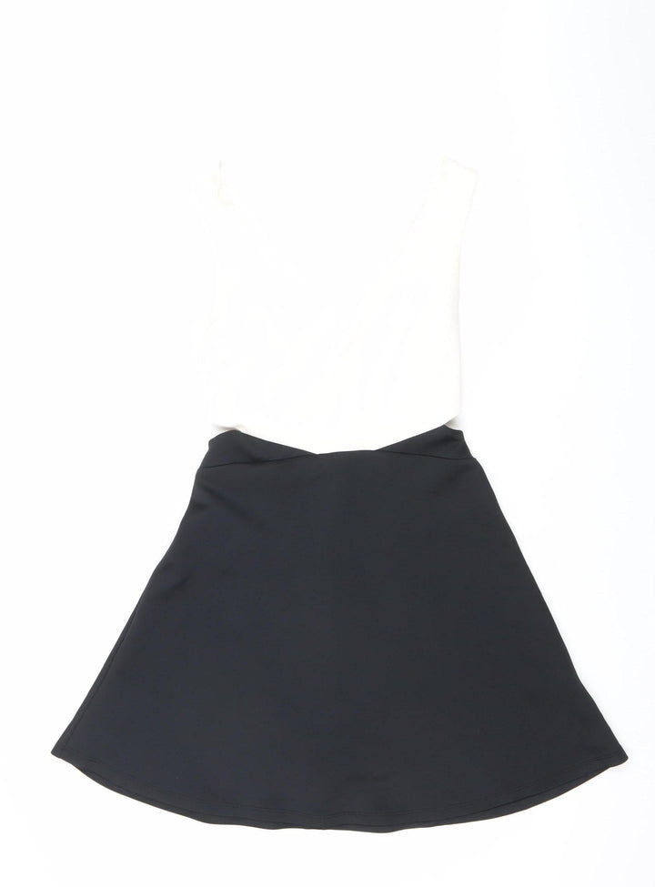 Bershka Women’s Black White A-Line Colourblock Dress Size 8 V-Neck