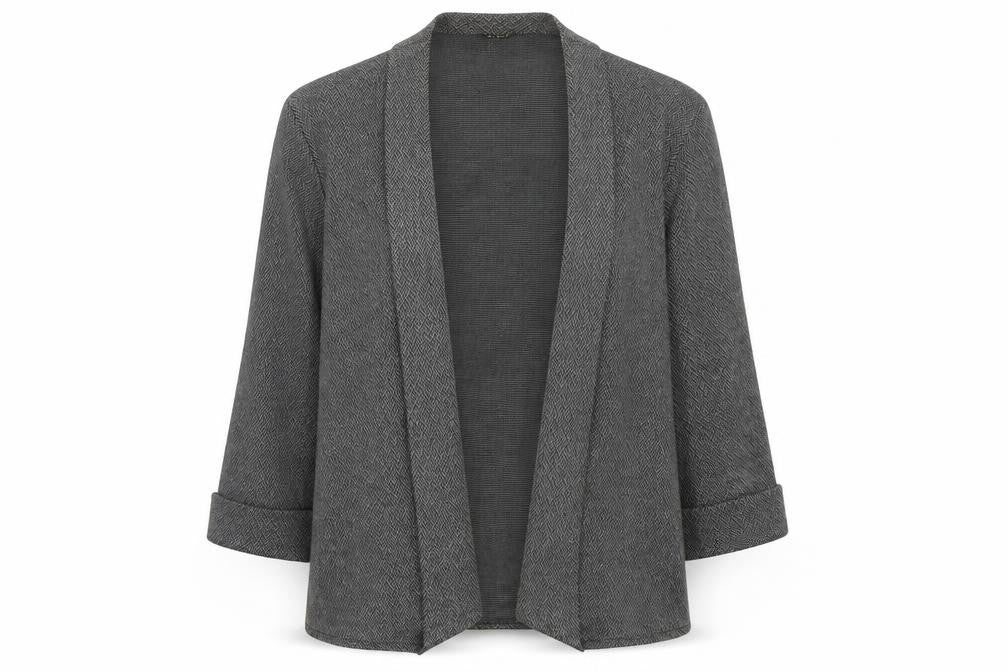 Front view of CMD women’s grey herringbone cardigan m 3/4 sleeve open knit