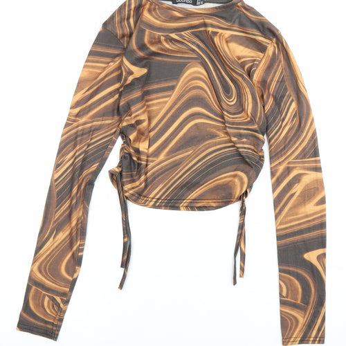 Boohoo Women’s Brown Geometric Print Cropped Long Sleeve Blouse Size 6
