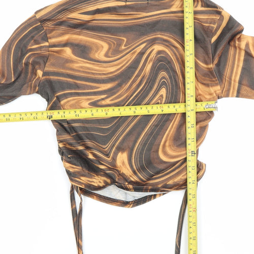 Boohoo Women’s Brown Geometric Print Cropped Long Sleeve Blouse Size 6