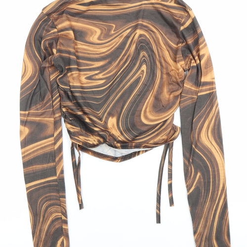 Boohoo Women’s Brown Geometric Print Cropped Long Sleeve Blouse Size 6