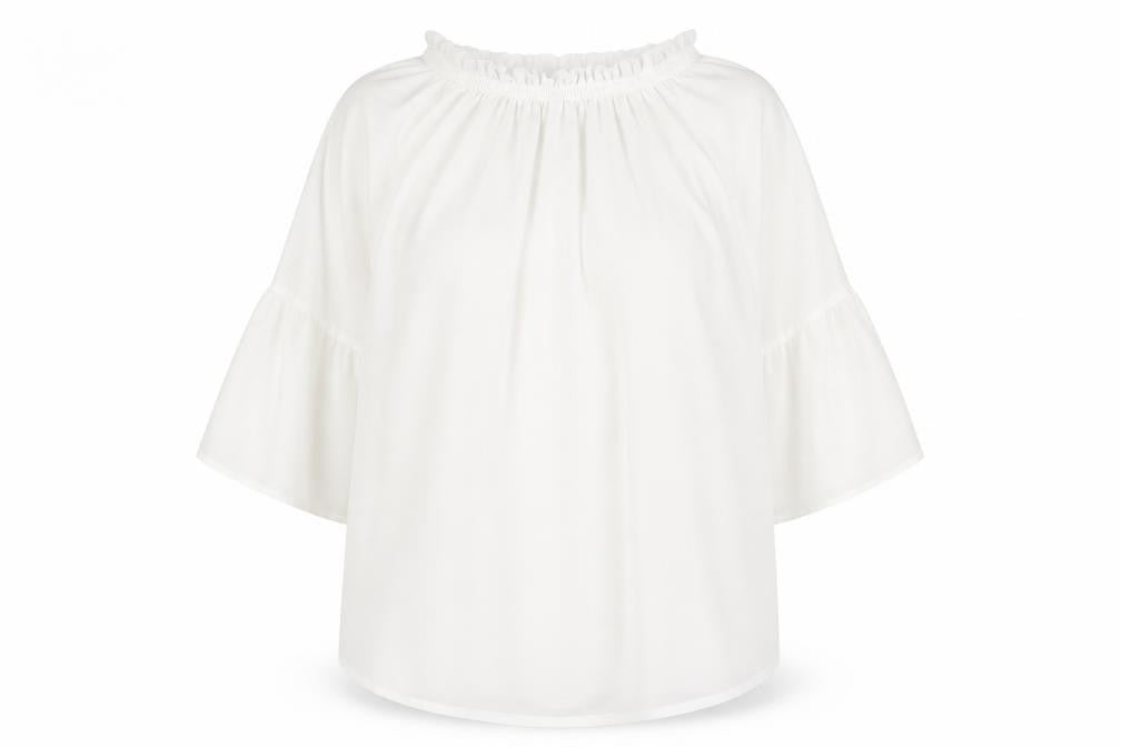 Front view of Liang E Liang Ying women’s white chiffon off shoulder tunic blouse, size M