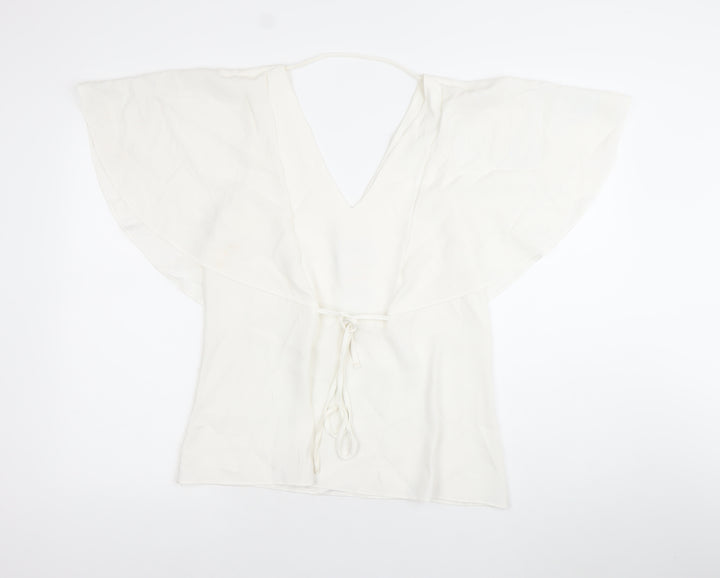 River Island Women White Size 10 Wrap Blouse Flutter Sleeve