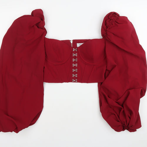 Oh Polly Womens Red Cropped Puff Sleeve Sweetheart Blouse UK 8