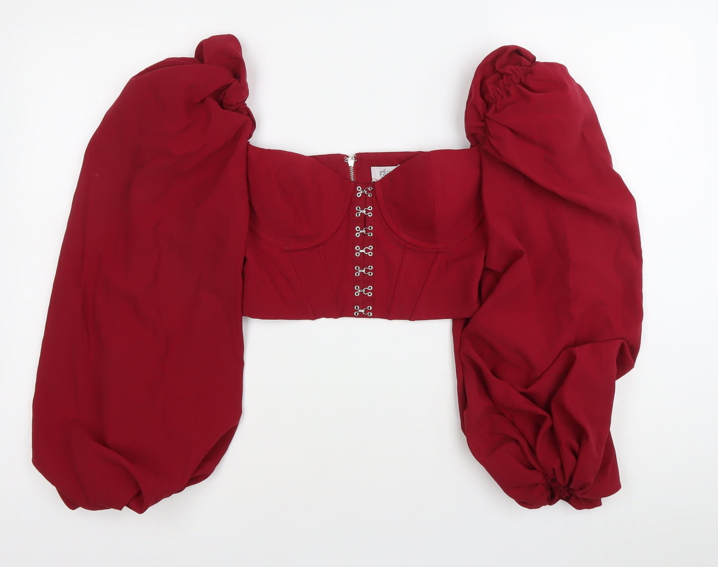 Oh Polly Womens Red Cropped Puff Sleeve Sweetheart Blouse UK 8