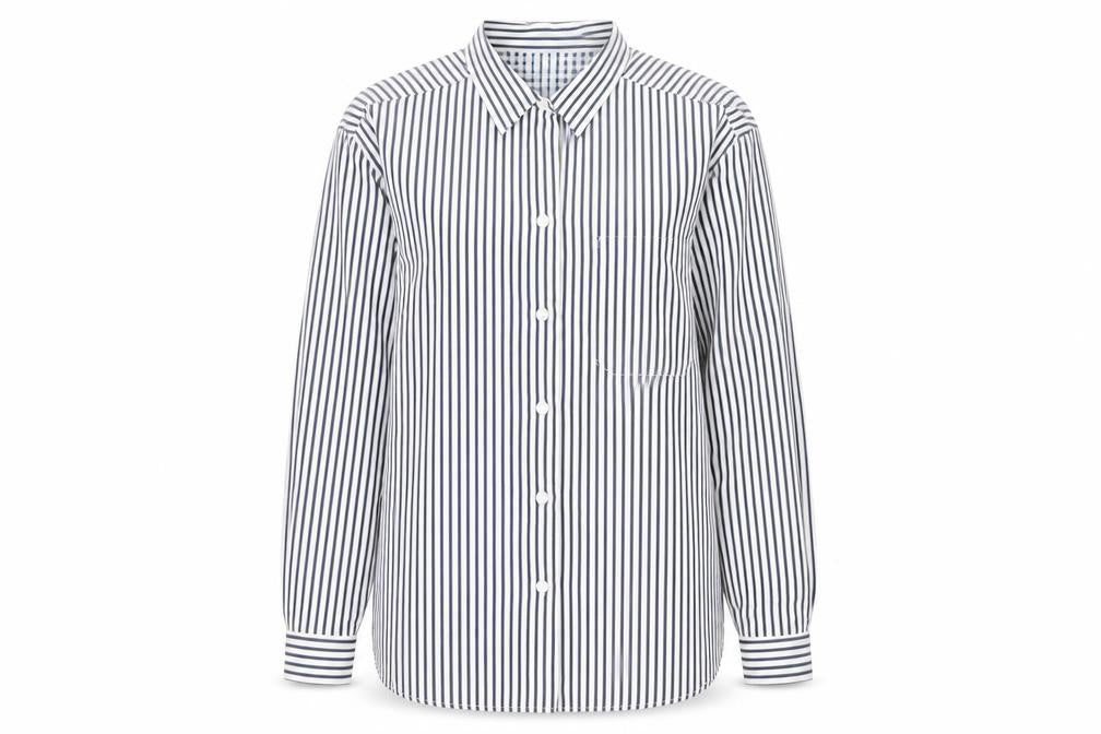 Front view of St Michael women’s blue striped button-up shirt, size UK 14, polyester
