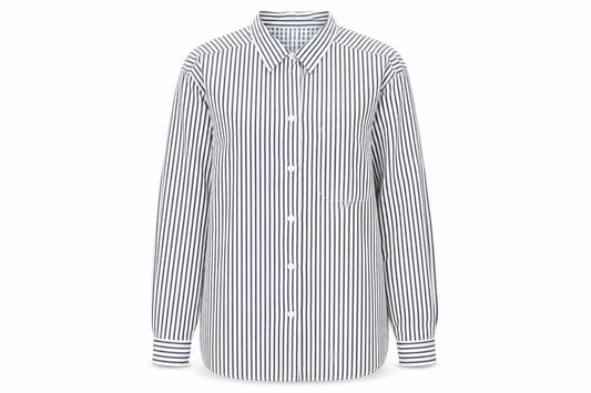 Front view of St Michael women’s blue striped button-up shirt, size UK 14, polyester