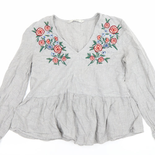 Zara Women Grey Linen Embroidered Blouse Top Size S V-Neck Long Sleeve