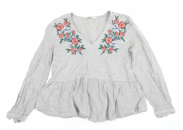 Zara Women Grey Linen Embroidered Blouse Top Size S V-Neck Long Sleeve