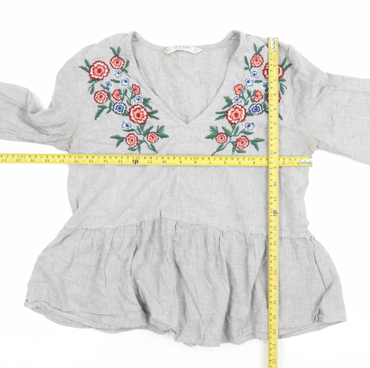 Zara Women Grey Linen Embroidered Blouse Top Size S V-Neck Long Sleeve