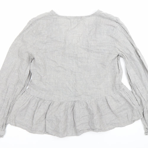 Zara Women Grey Linen Embroidered Blouse Top Size S V-Neck Long Sleeve