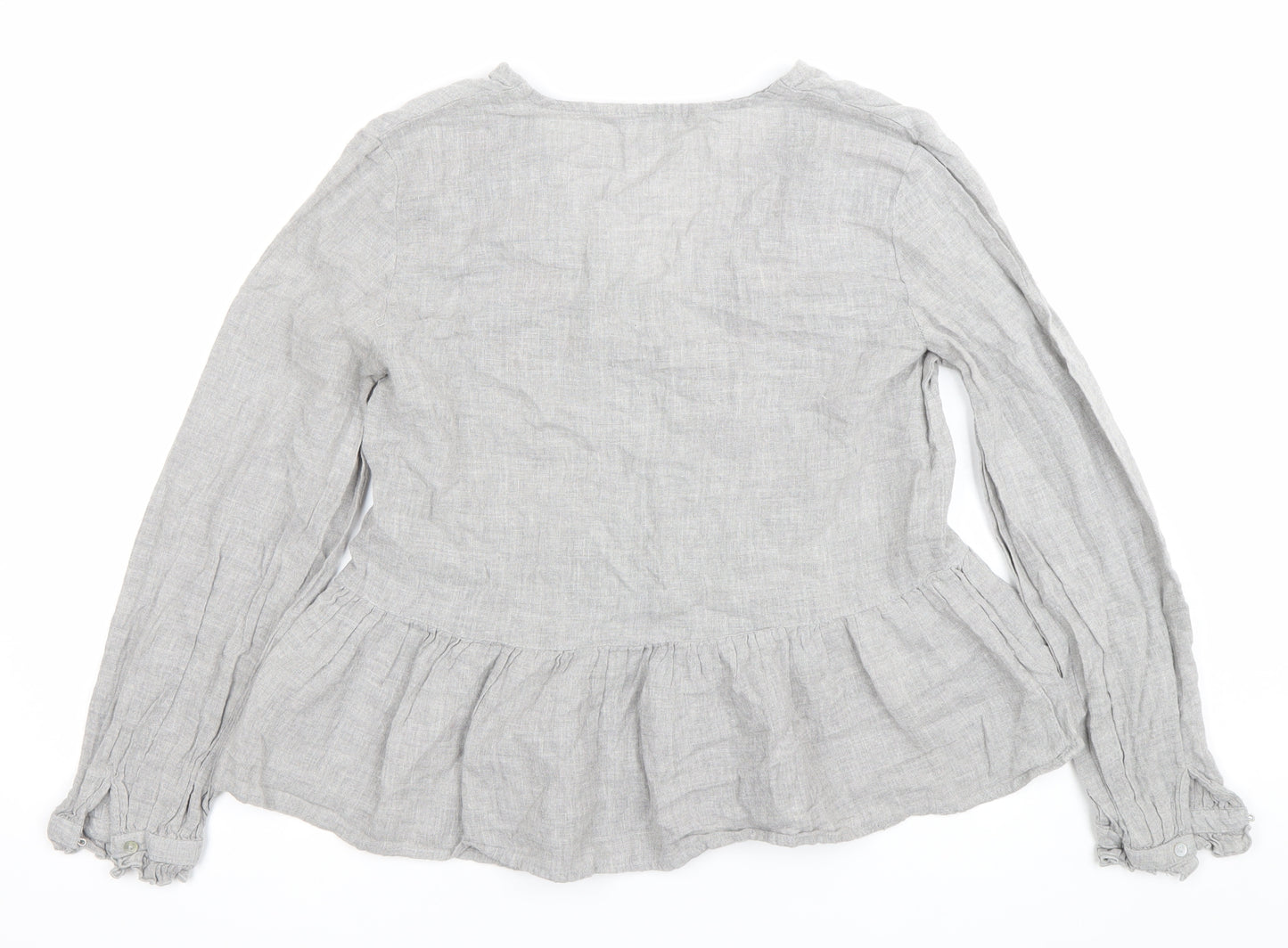 Zara Women Grey Linen Embroidered Blouse Top Size S V-Neck Long Sleeve