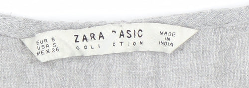 Zara Women Grey Linen Embroidered Blouse Top Size S V-Neck Long Sleeve