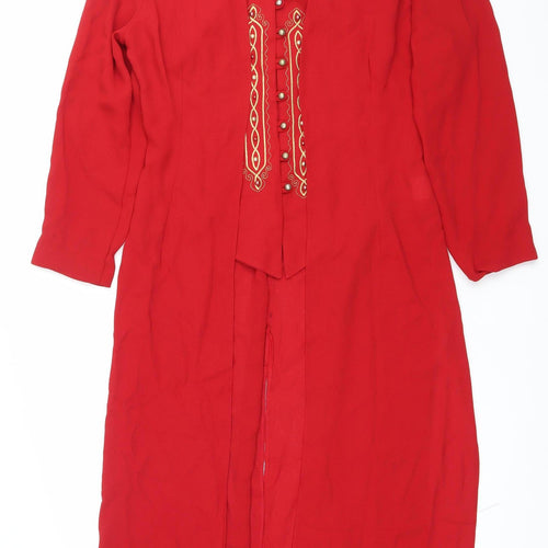 Unit 7 Womens Red Tunic Blouse Size 14 Embroidered 3/4 Sleeve