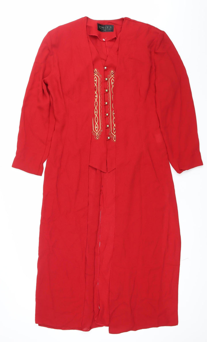 Unit 7 Womens Red Tunic Blouse Size 14 Embroidered 3/4 Sleeve