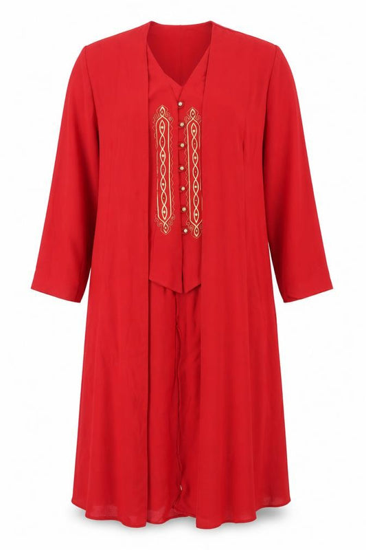Front view of Unit 7 women’s red tunic blouse, size UK 14, embroidered 3/4 sleeve