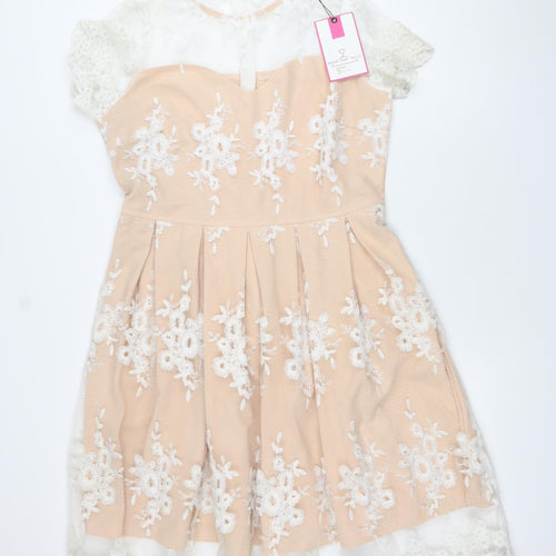 Want That Trend Womens Beige A-Line Lace Floral Embroidered Dress Size 16
