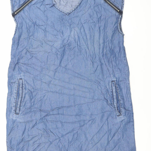 Max Jeans Women Blue Chambray Shift Dress Size M Sleeveless Zip Pockets