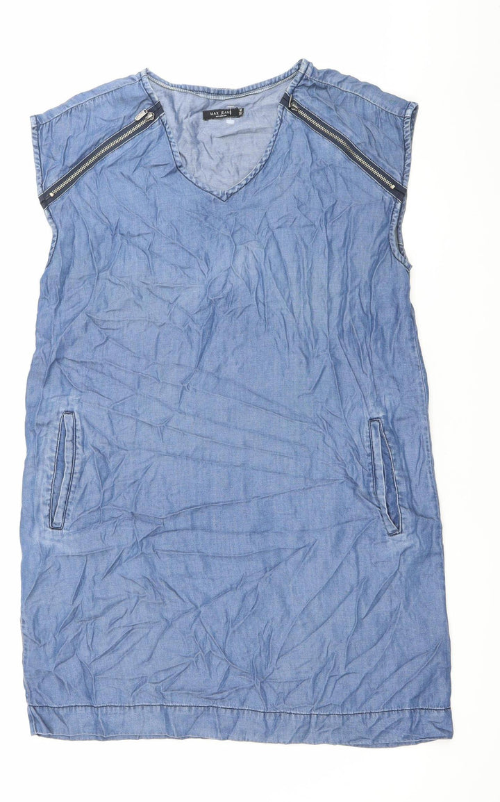 Max Jeans Women Blue Chambray Shift Dress Size M Sleeveless Zip Pockets