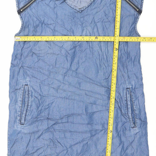 Max Jeans Women Blue Chambray Shift Dress Size M Sleeveless Zip Pockets