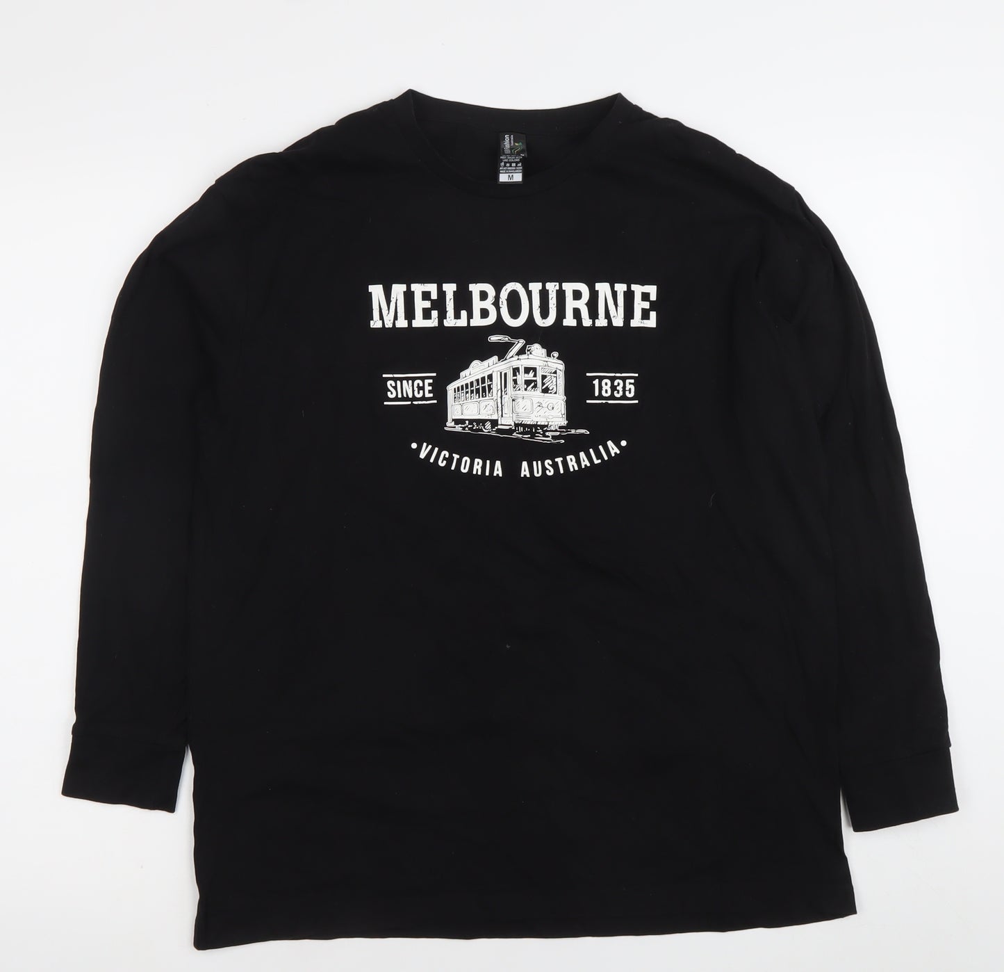 I & B Fashion Unisex Black Melbourne Print Long Sleeve Cotton T-Shirt M