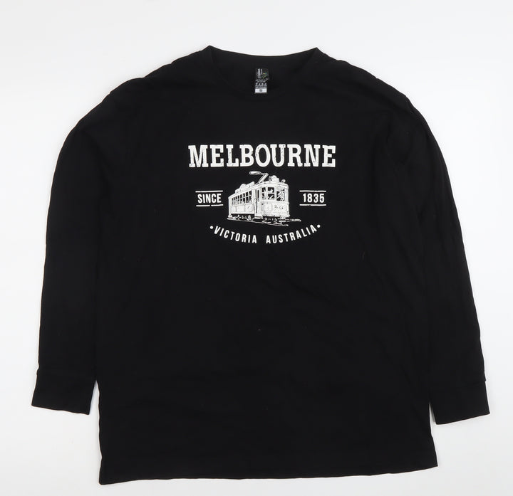 I & B Fashion Unisex Black Melbourne Print Long Sleeve Cotton T-Shirt M