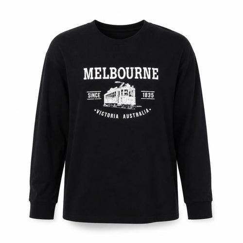 I & B Fashion Unisex Black Melbourne Print Long Sleeve Cotton T-Shirt M