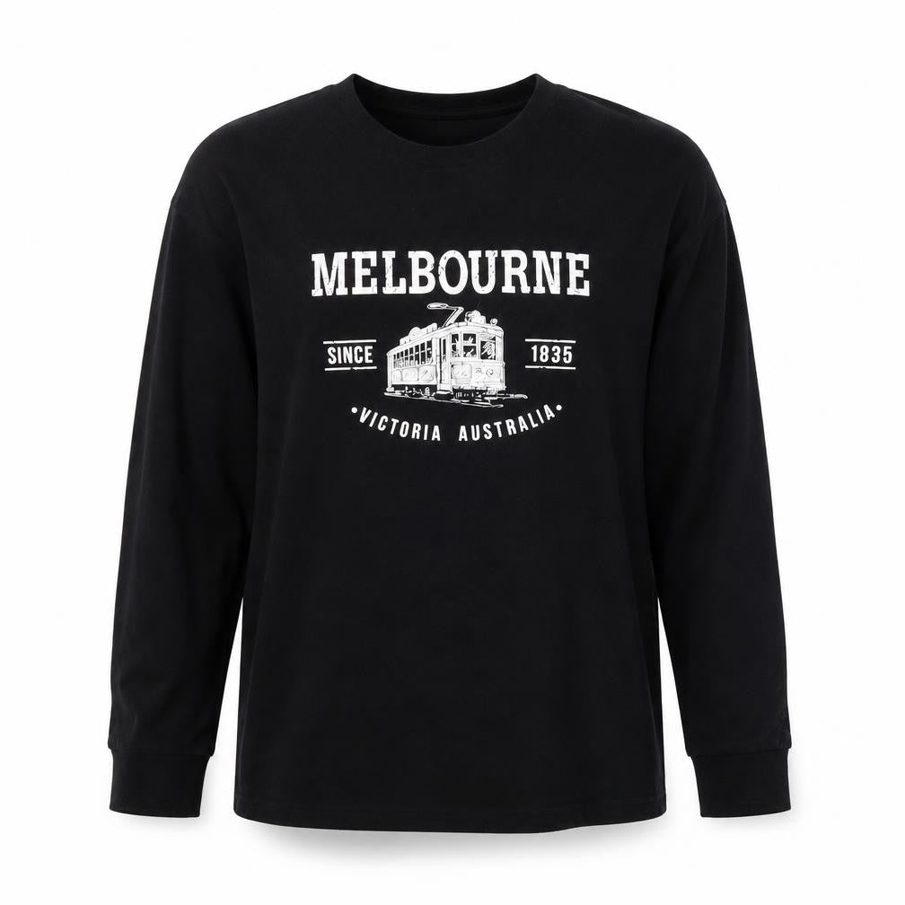 I & B Fashion Unisex Black Melbourne Print Long Sleeve Cotton T-Shirt M