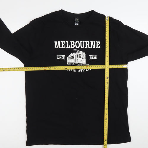 I & B Fashion Unisex Black Melbourne Print Long Sleeve Cotton T-Shirt M