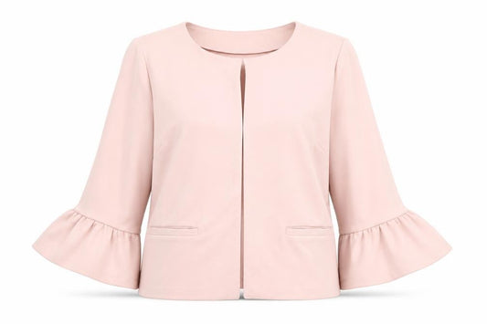 Front view of Freequent women’s pink ruffle sleeve open jacket, size L, workwear