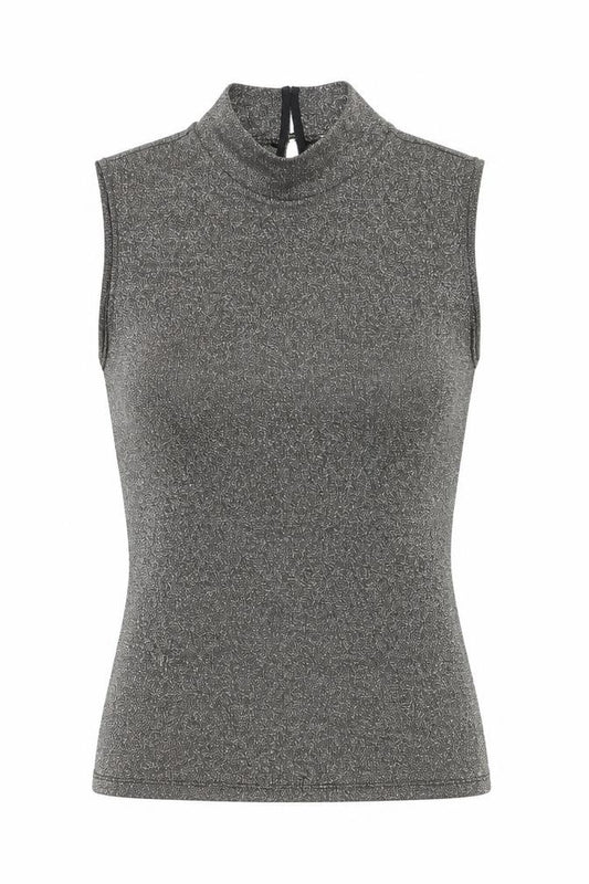Front view of Oasis Women’s Black Glitter High Neck Sleeveless Tank Top, size UK 10