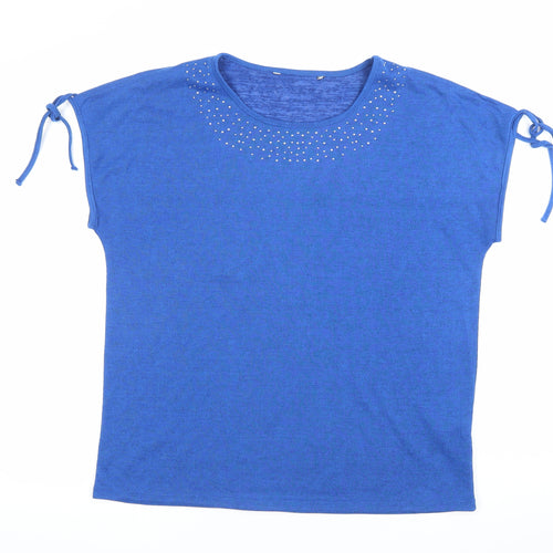Bonmarché Women Blue Size 14 Studded Round Neck T-Shirt