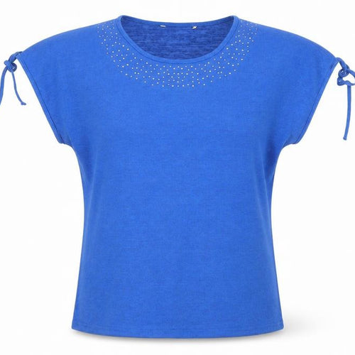 Bonmarché Women Blue Size 14 Studded Round Neck T-Shirt